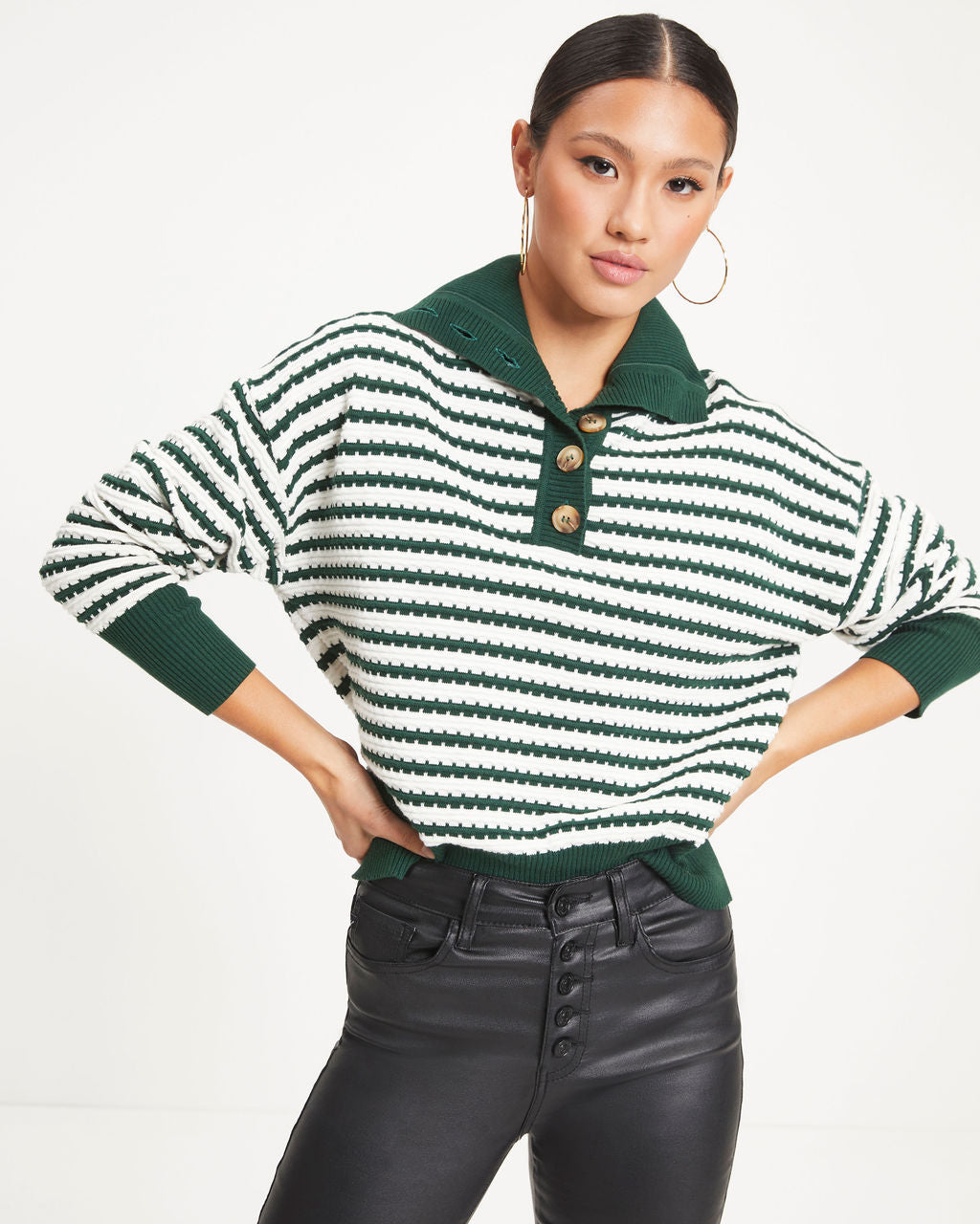 Elk Grove Knit Stripe Henley Pullover Sweater - Green
