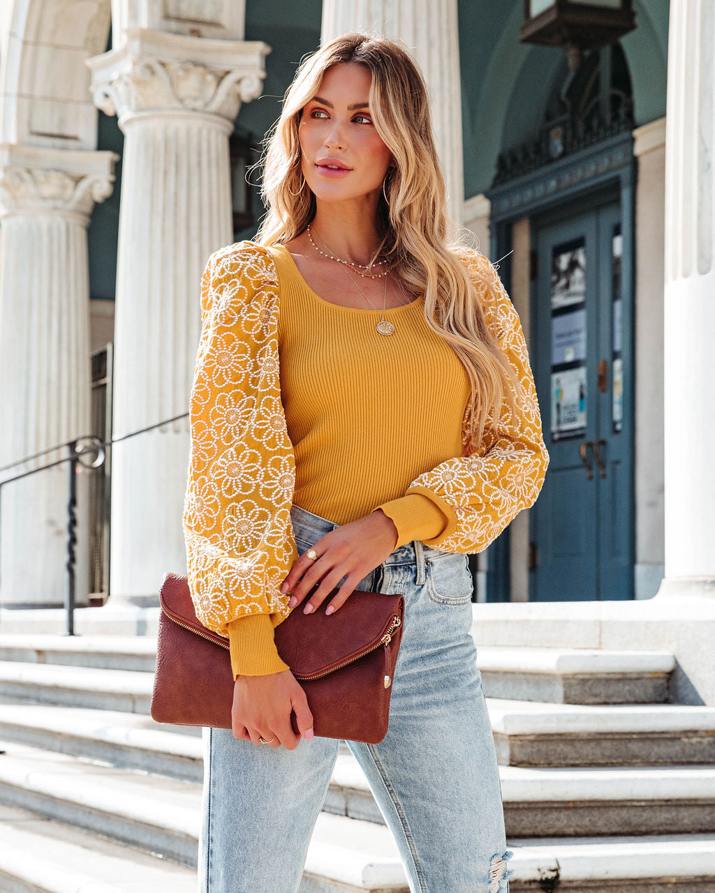 Sunshine Daisies Embroidered Knit Top - Mustard