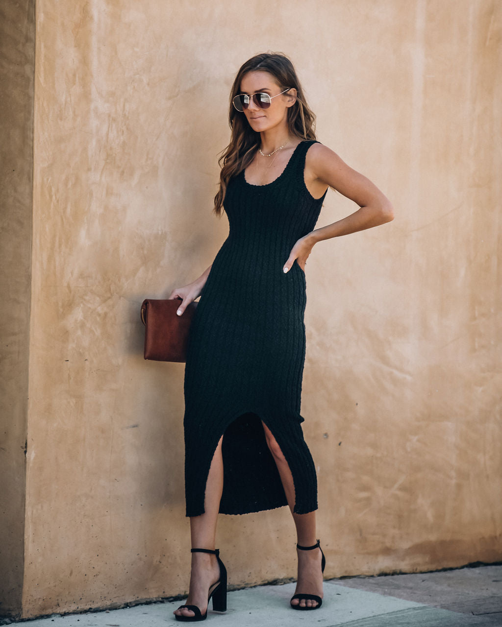 Desert Moon Cotton Ribbed Midi Dress - Black - FINAL SALE