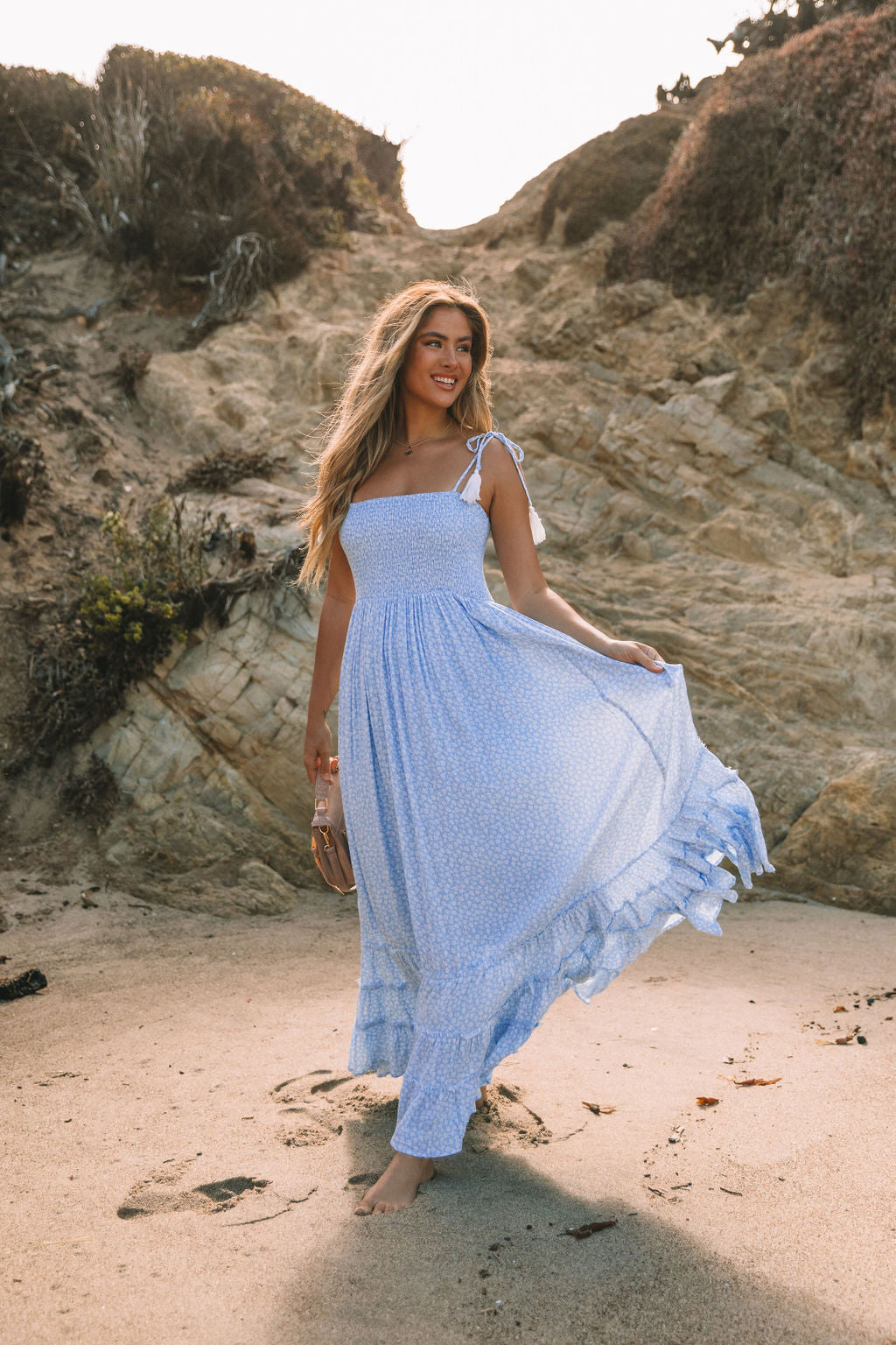 Bradlea Smocked Tassel Tie Maxi Dress - Blue