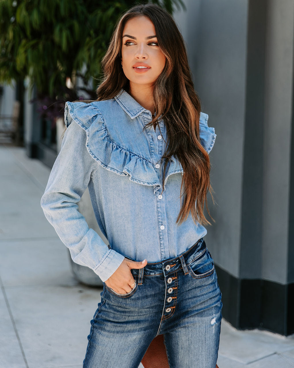 Zephyr Denim Ruffle Button Up Top - SALE