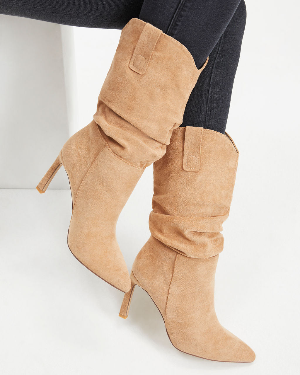Goldie Faux Suede Heeled Slouch Boot - Almond