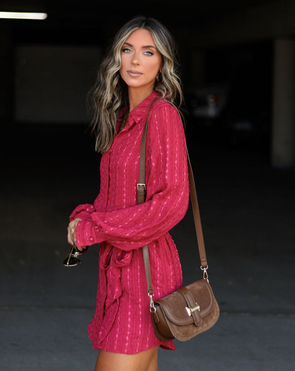 Twaine Textured Button Down Shirt Dress - Marsala