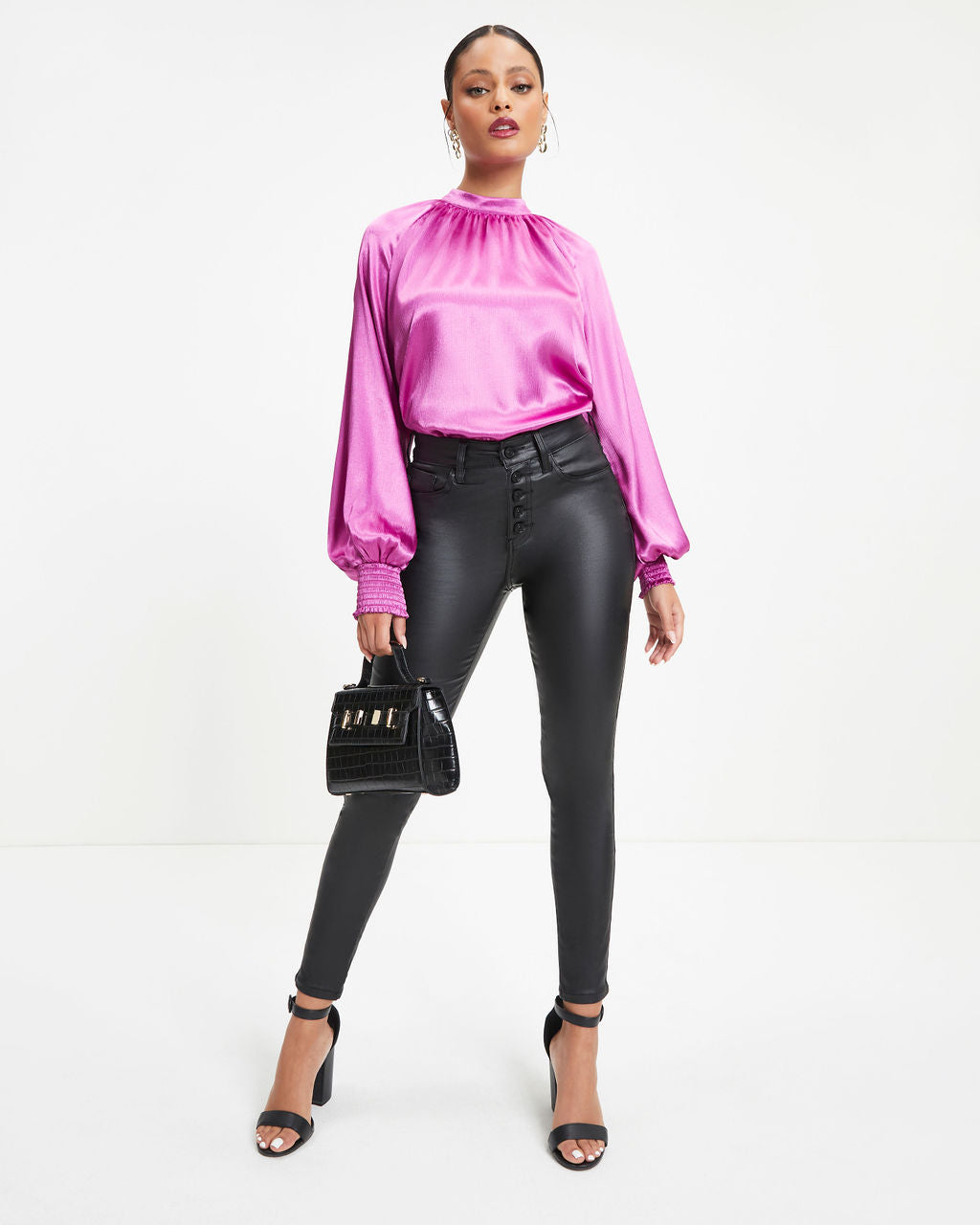 Jaylene Satin Long Sleeve Top - Magenta