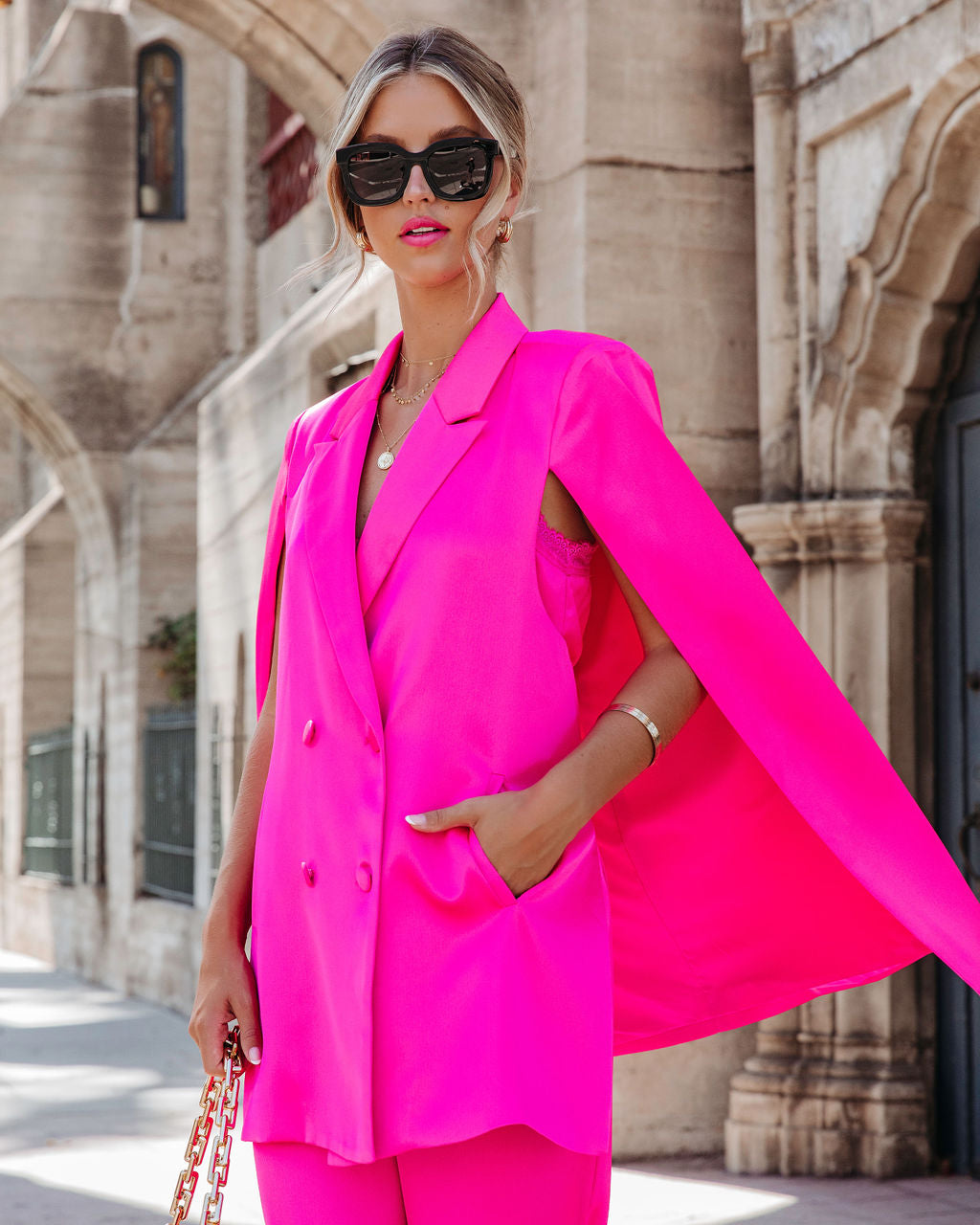 Statement Maker Satin Cape Pocketed Blazer - Hot Pink