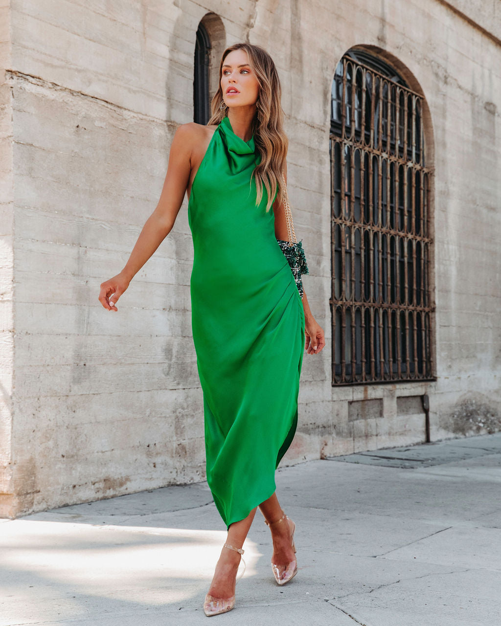 Havyn Satin Asymmetrical Halter Midi Dress - Green