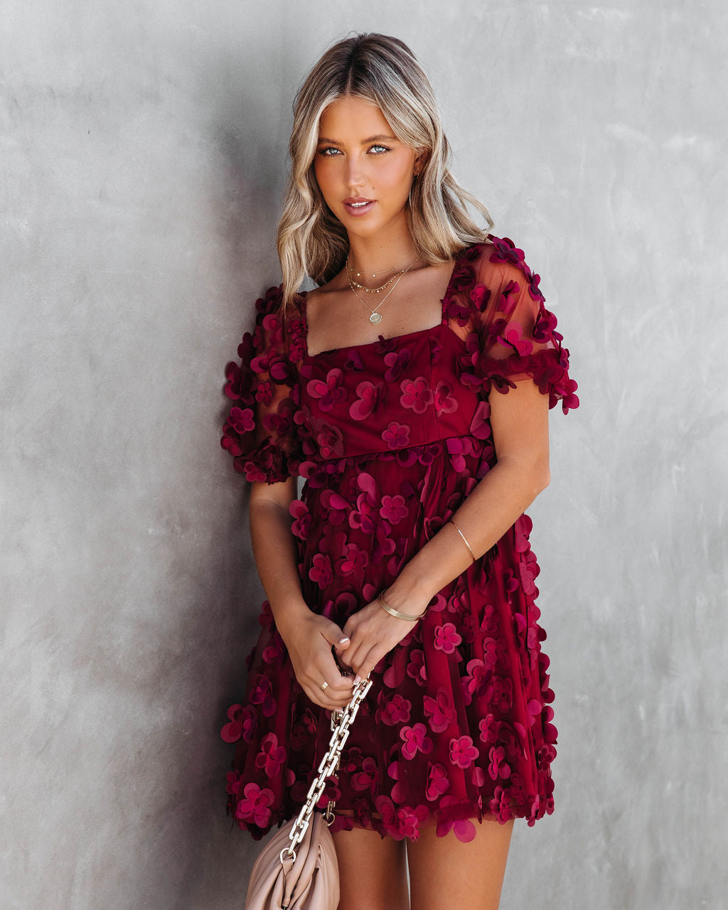 Forever Be My Always Floral Applique Tulle Babydoll Dress - Wine