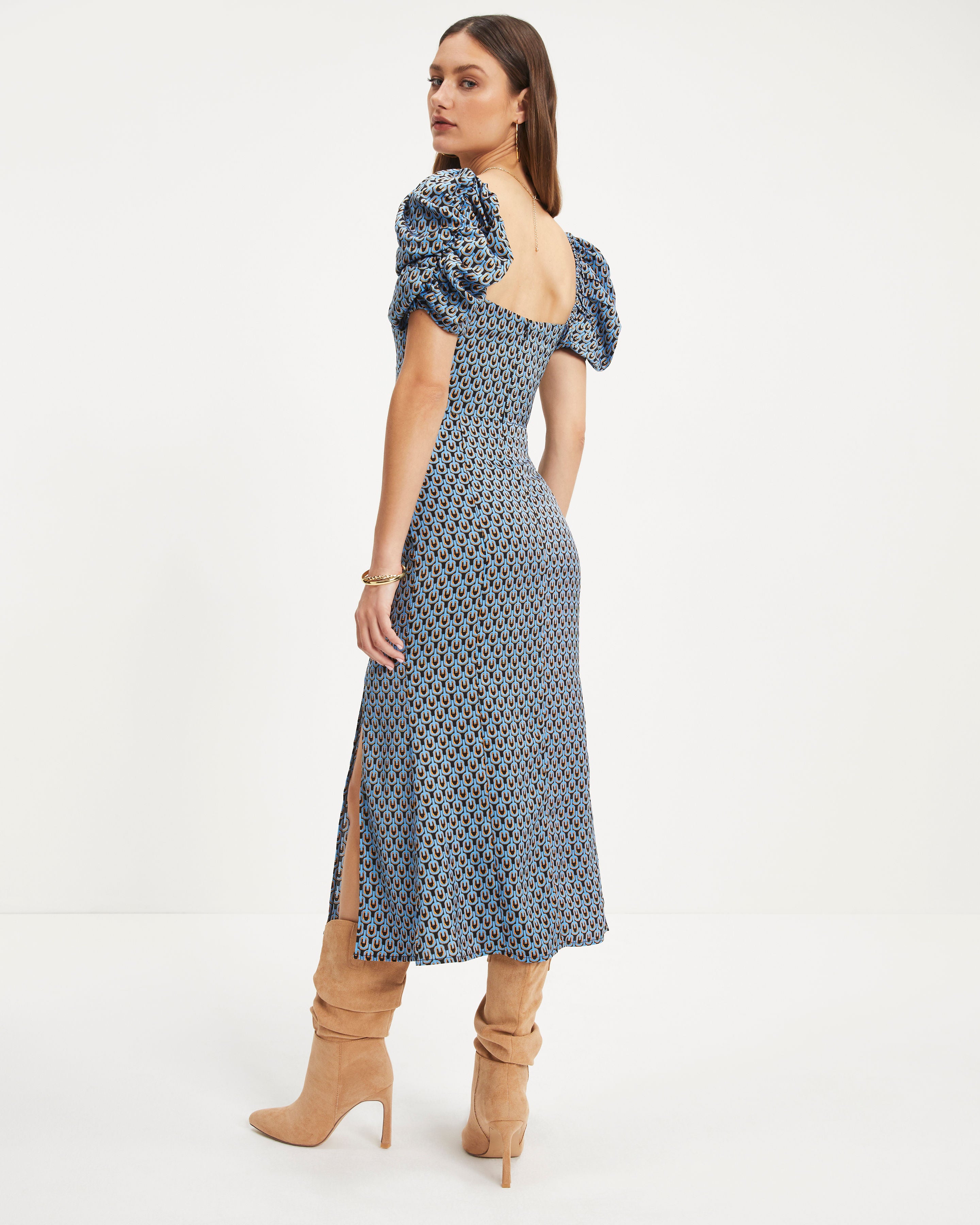 Bellona Printed Puff Sleeve Slit Midi Dress