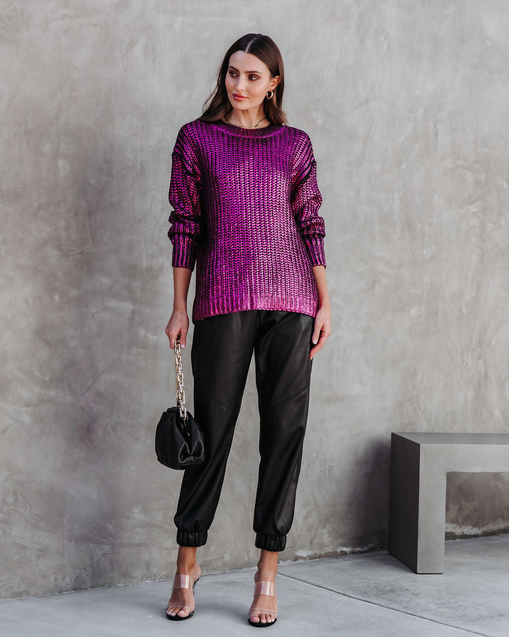 Delightful Cheer Metallic Knit Pullover Sweater - Hot Pink