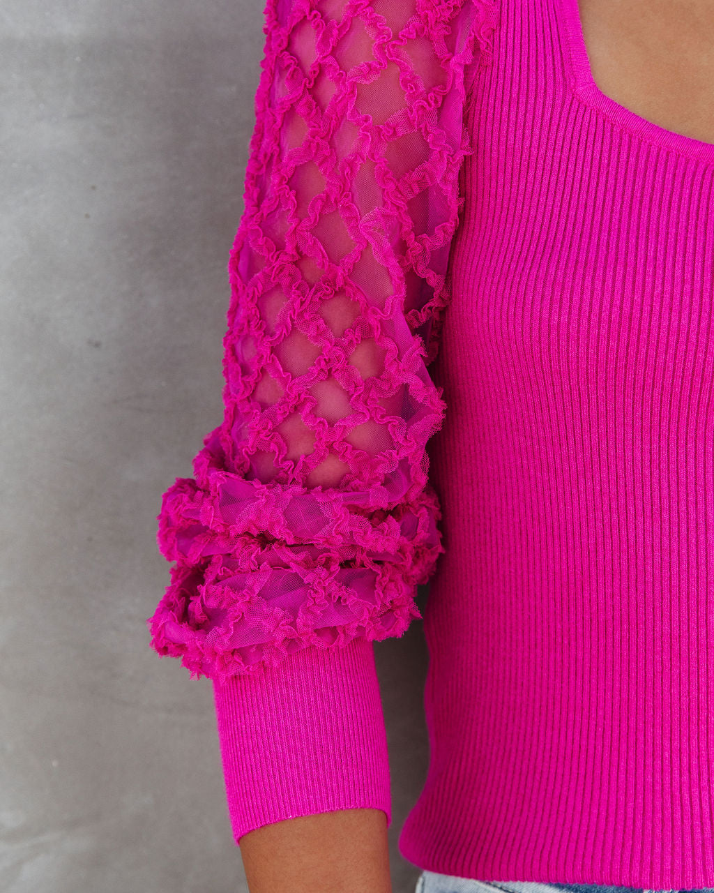 Super Fabulous Ribbed Tulle Contrast Top - Hot Pink