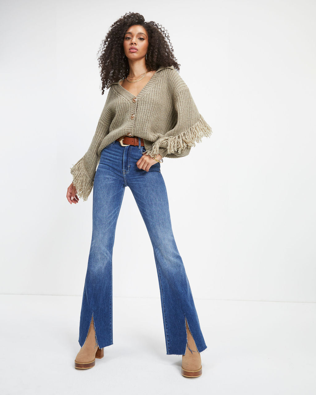 Jordana Knit Fringe Collared Cardigan - Dusty Sage