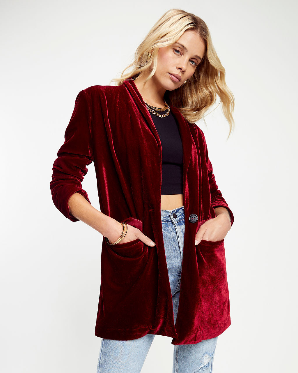Chicest Pocketed Velvet Blazer - Ruby