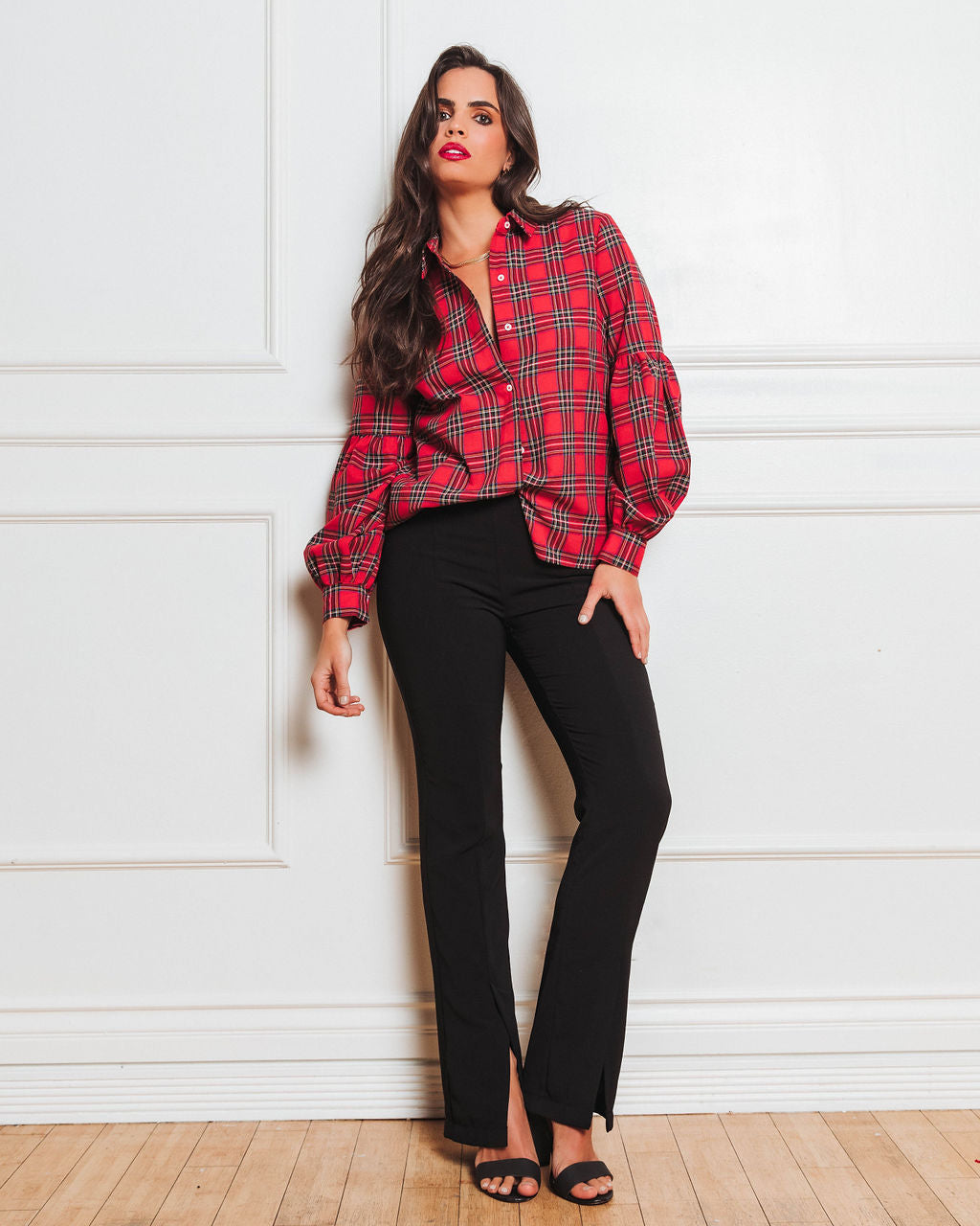 Gift For Me Plaid Puff Sleeve Button Down Top