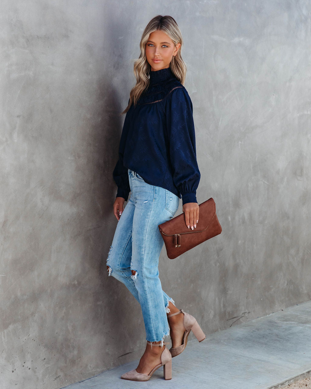 Rococo Mock Neck Top - Navy - SALE