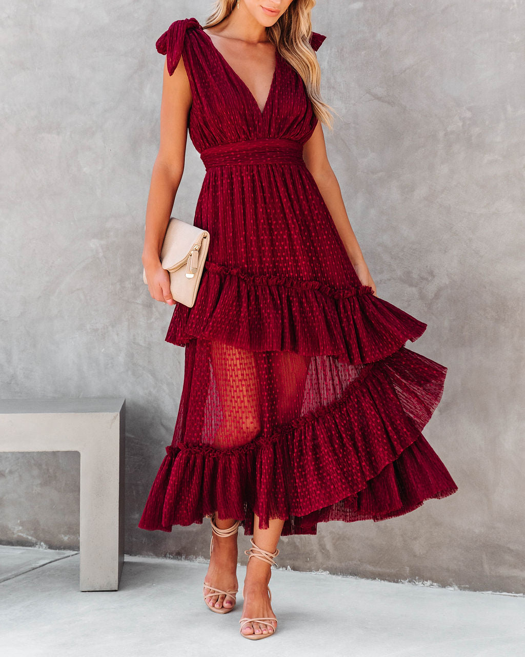 Carrie In Paris Tiered Tulle Midi Dress - Wine