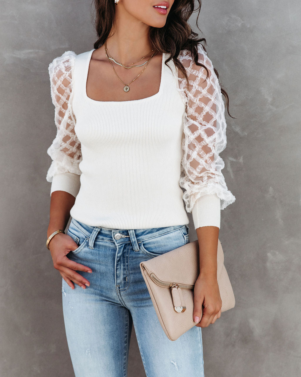 Super Fabulous Ribbed Tulle Contrast Top - Ivory - SALE