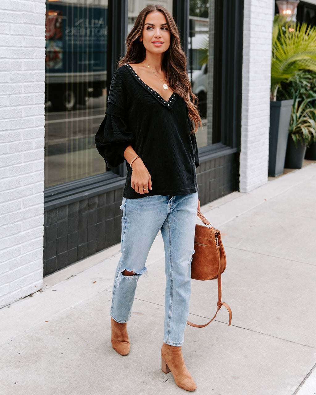 Axel Studded Waffle Knit Long Sleeve Top - Black