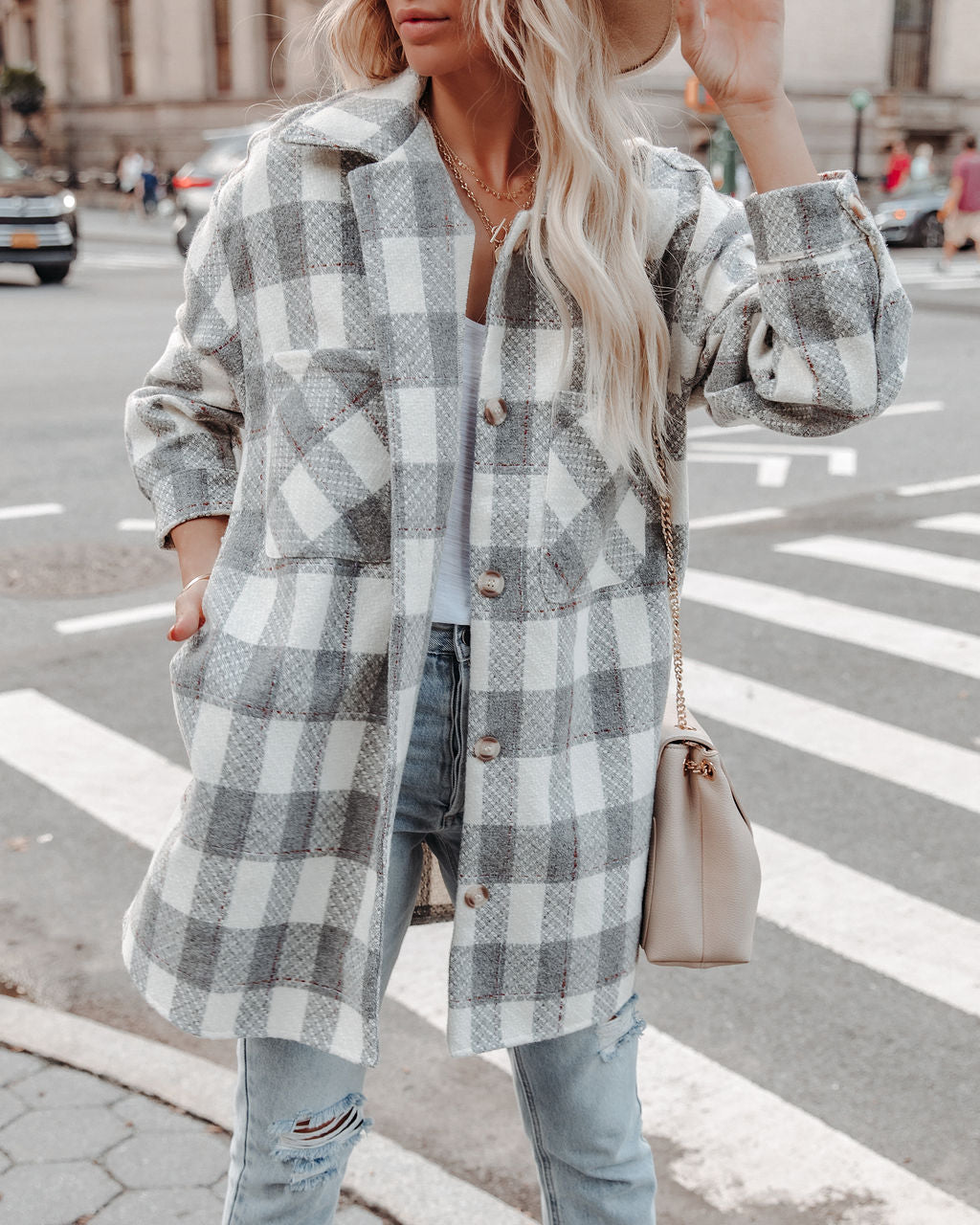 Bridgeview Pocketed Plaid Coat - Grey