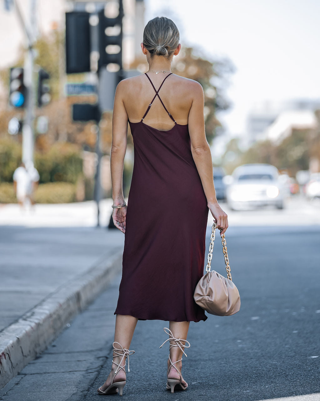 Luisa Satin Halter Midi Dress - Merlot