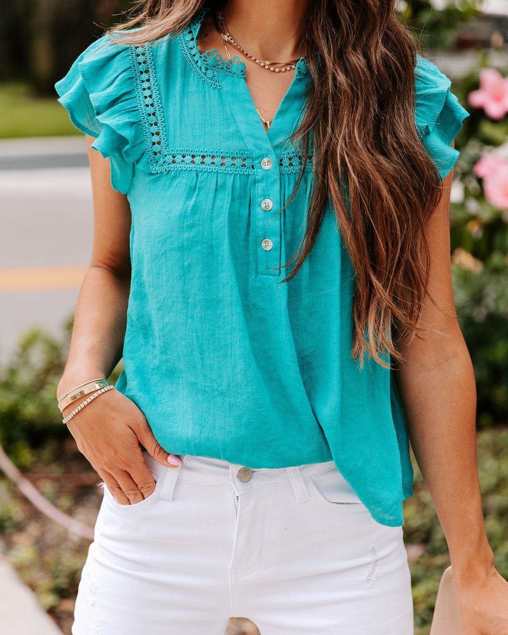 Levine Embroidered Babydoll Top - Light Teal - FINAL SALE