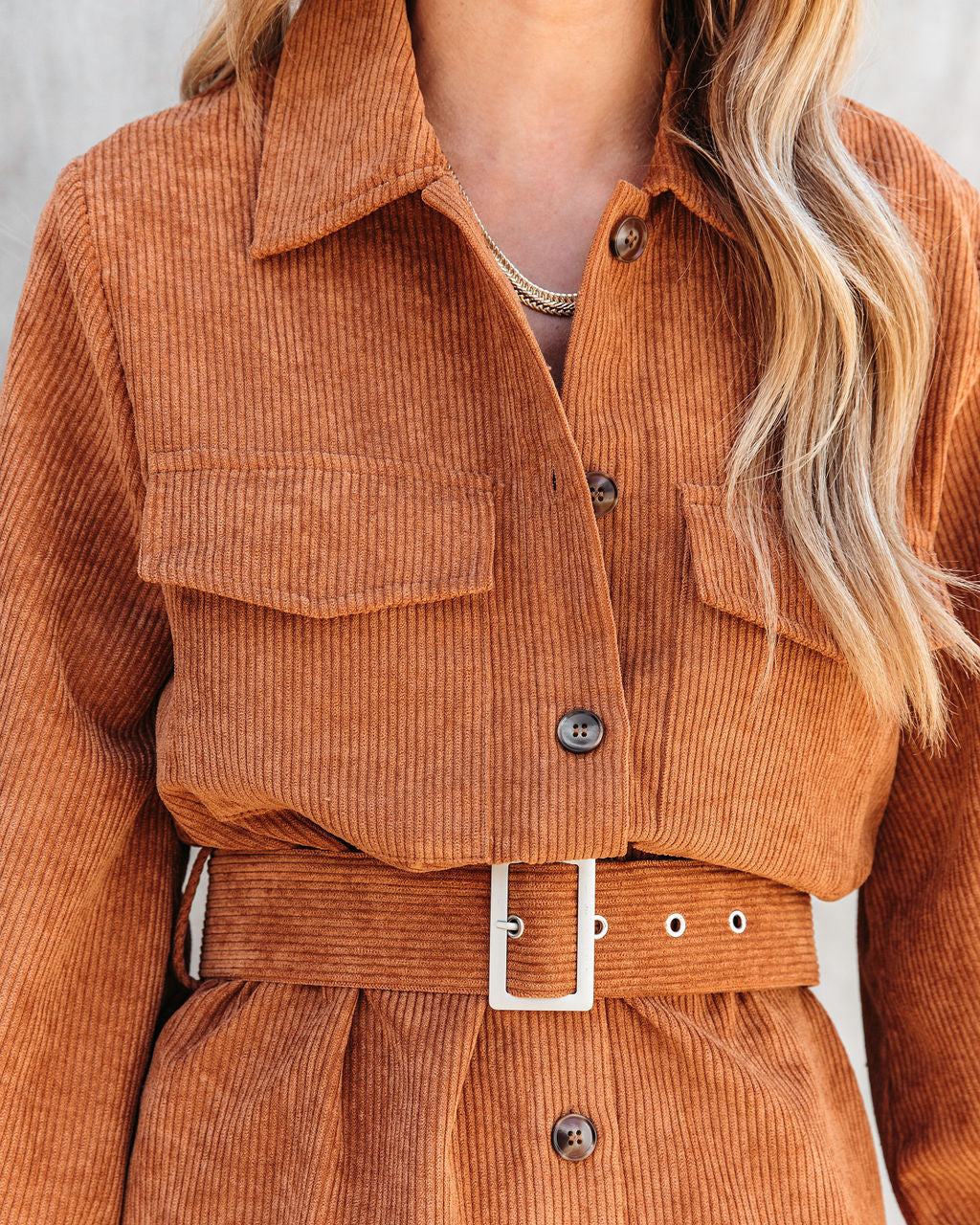 Charlene Corduroy Belted Button Down Shirt Dress - Camel