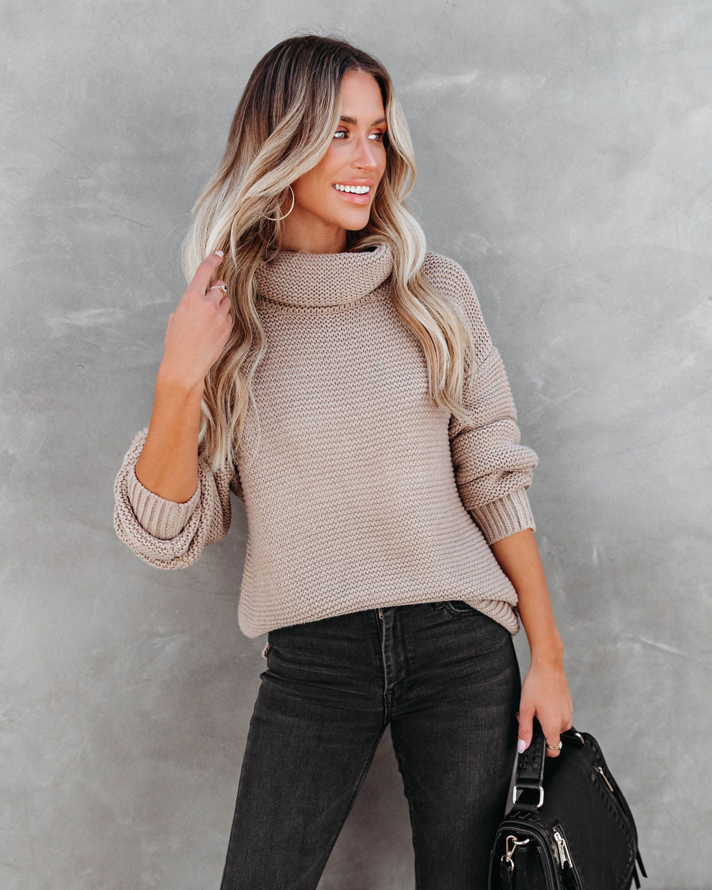 Terrance Cowl Neck Knit Sweater - Light Mocha - SALE