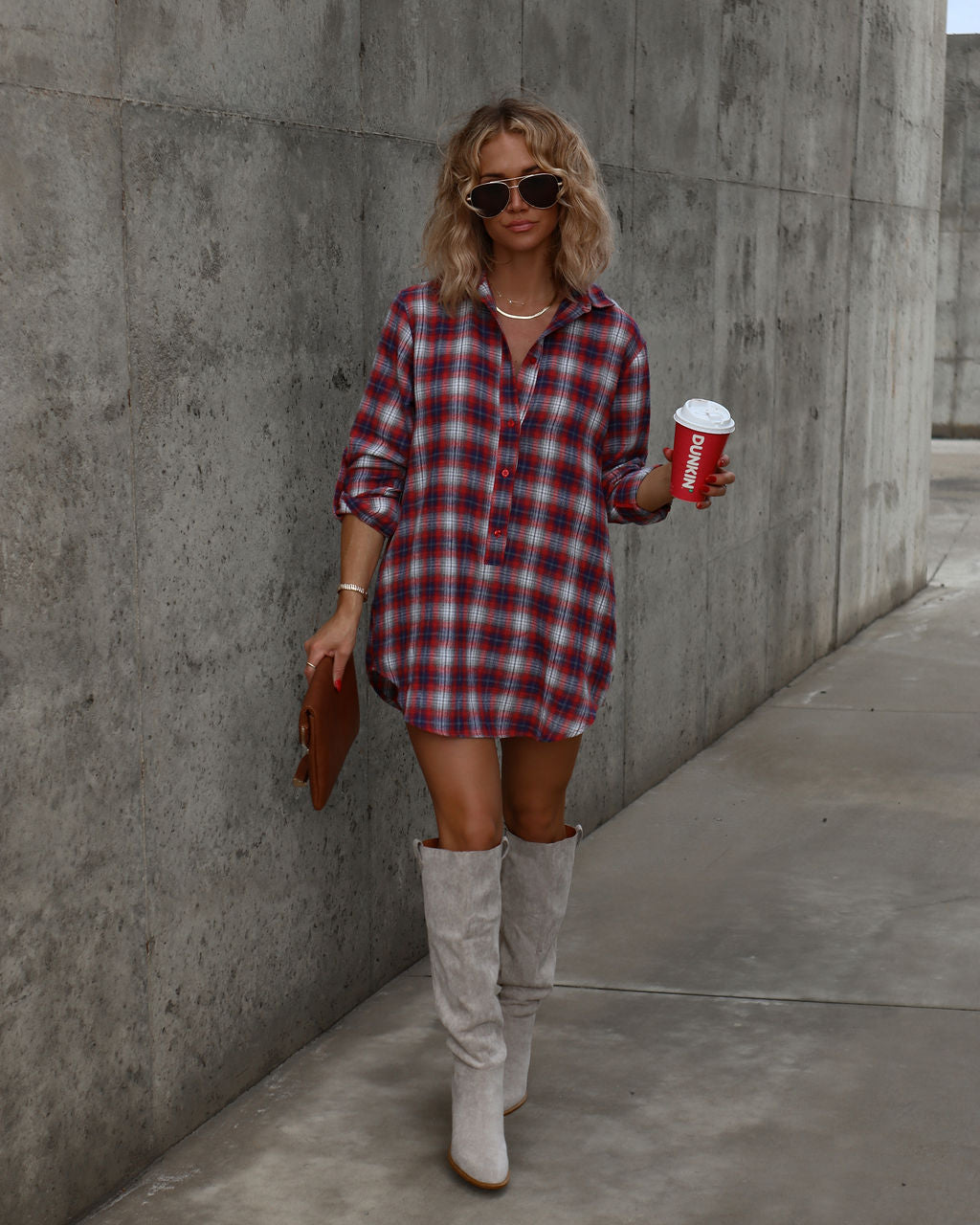 Averie Plaid Pocketed Shirt Dress - Red