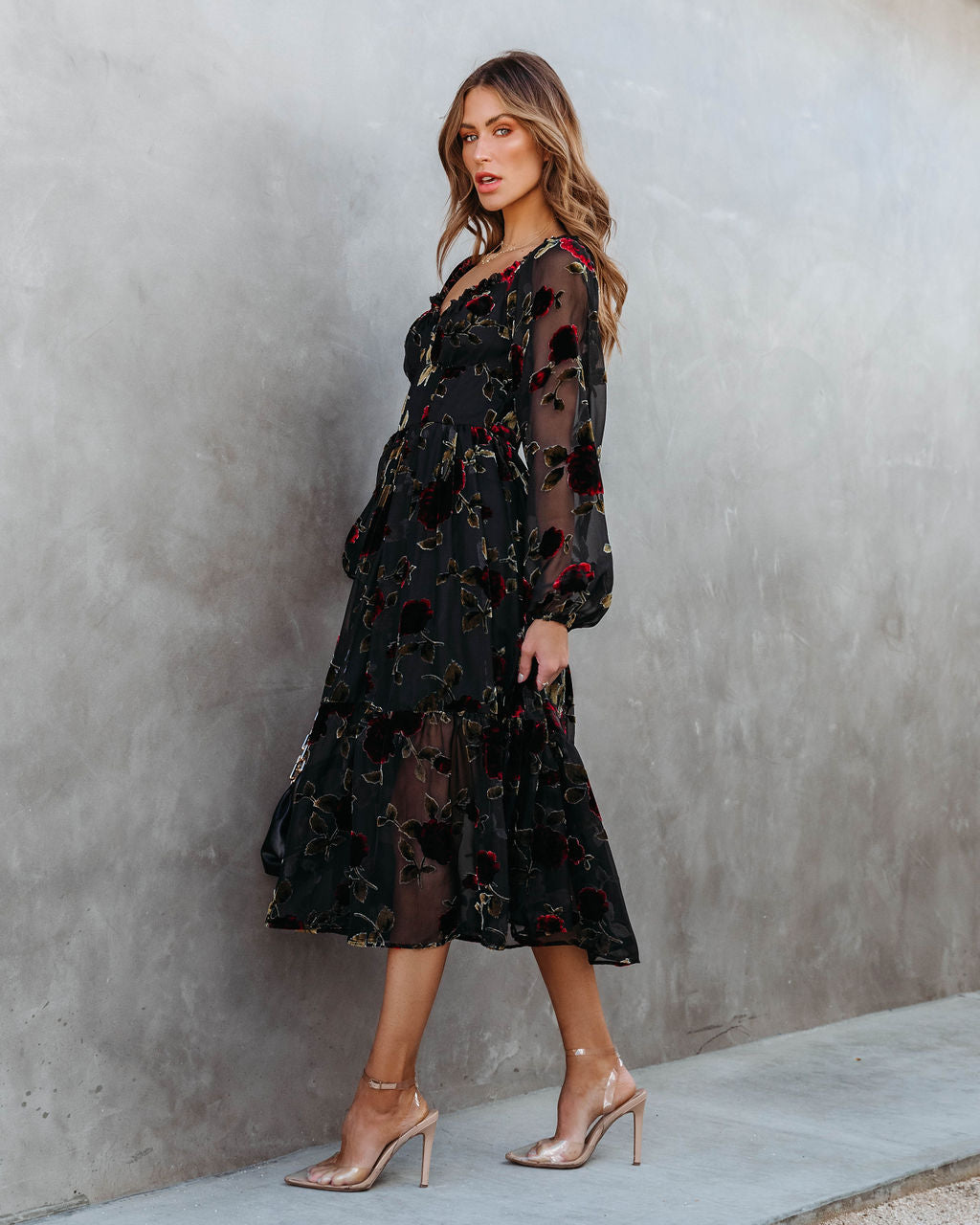 Never Forget Me Floral Burnout Velvet Midi Dress - Black
