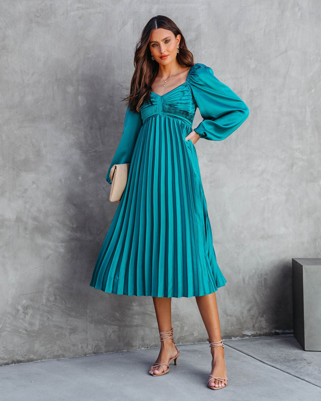 Romantic One Satin Pleated Midi Dress - Emerald
