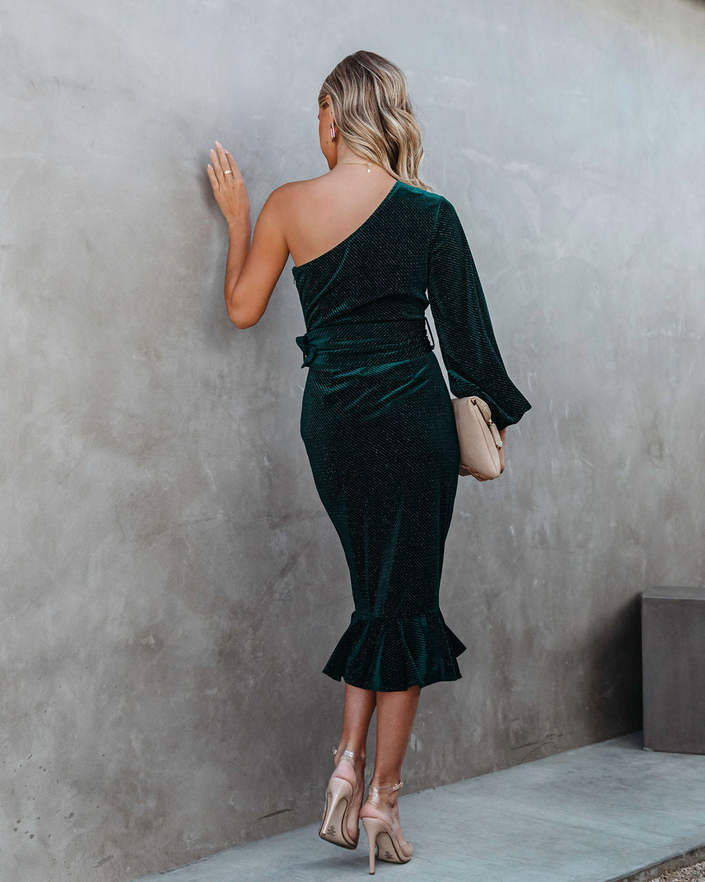 Honestly Breathtaking One Shoulder Belted Textured Velvet Midi Dress - Pine