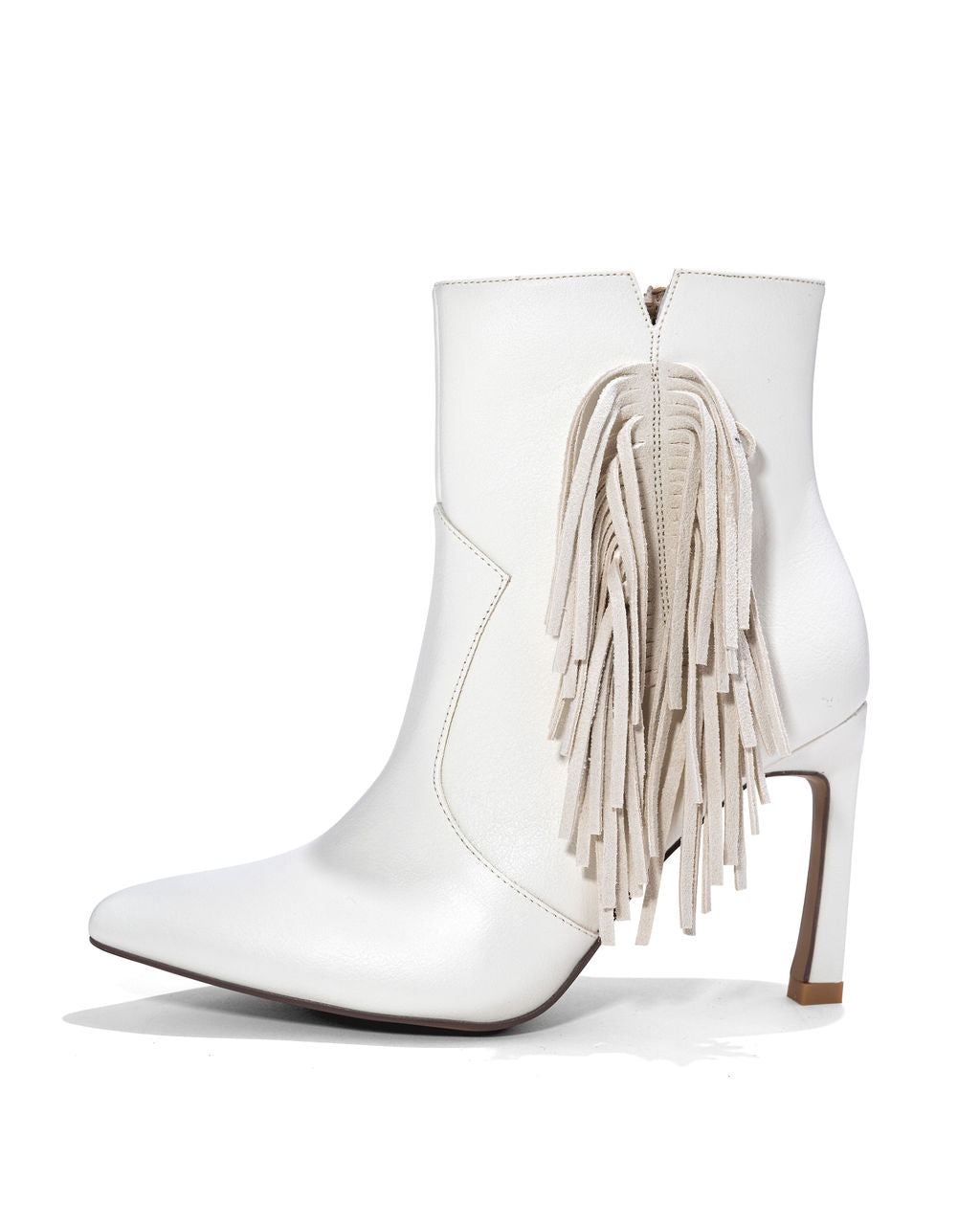 Karson Faux Leather Heeled Fringe Bootie - White - SALE