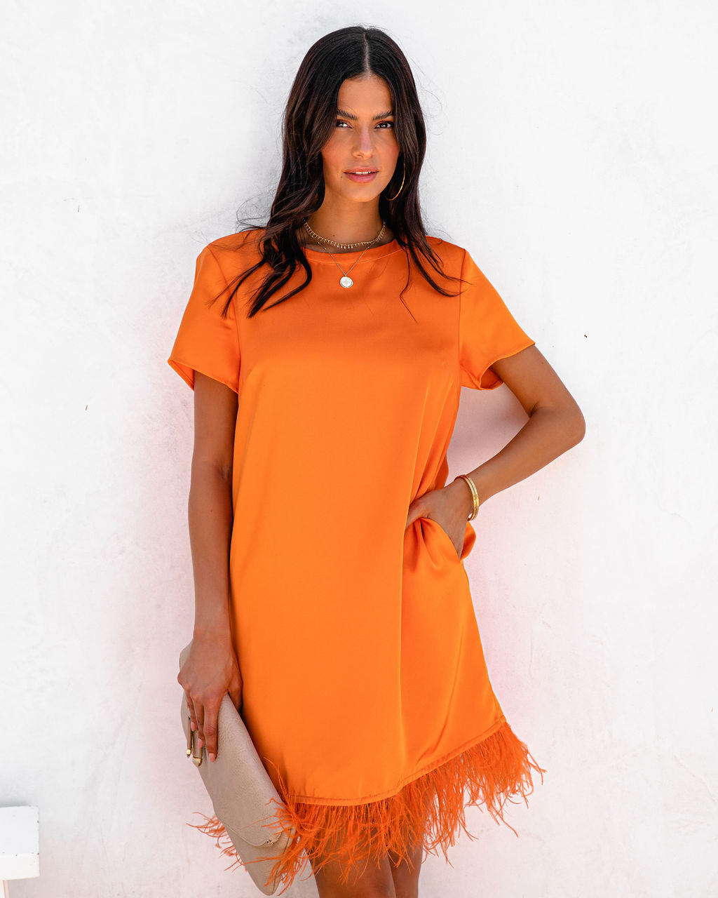 Zaldana Pocketed Feather Trim Dress - Orange - FINAL SALE