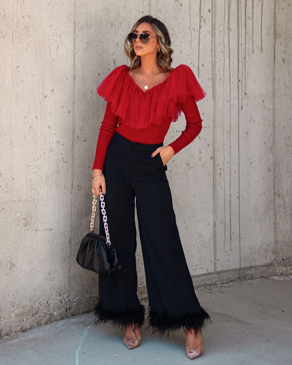 Picture Perfect Glam Ribbed Knit Ruffle Tulle Top - Red