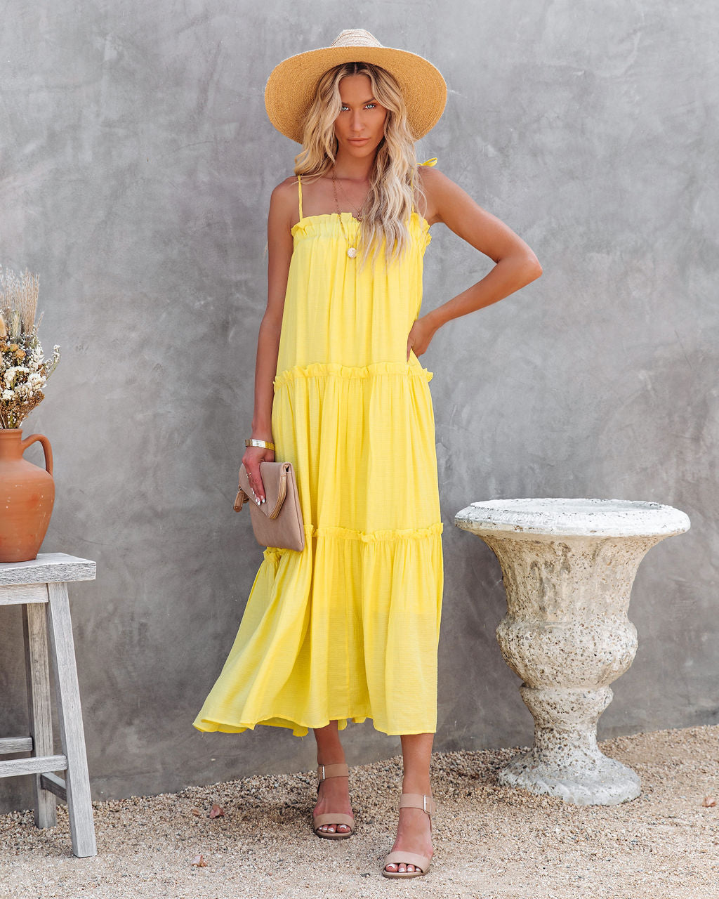Catch The Sun Tiered Midi Dress - Lemon - FINAL SALE