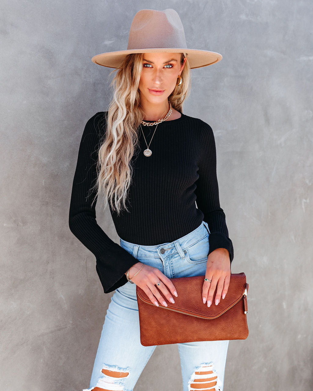 Esen Ribbed Bell Sleeve Knit Sweater - Black