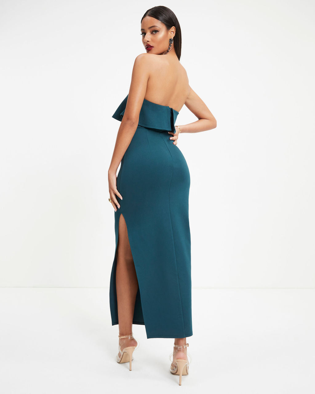 Cheers To The Night Strapless Ruffle Midi Dress - Dark Teal