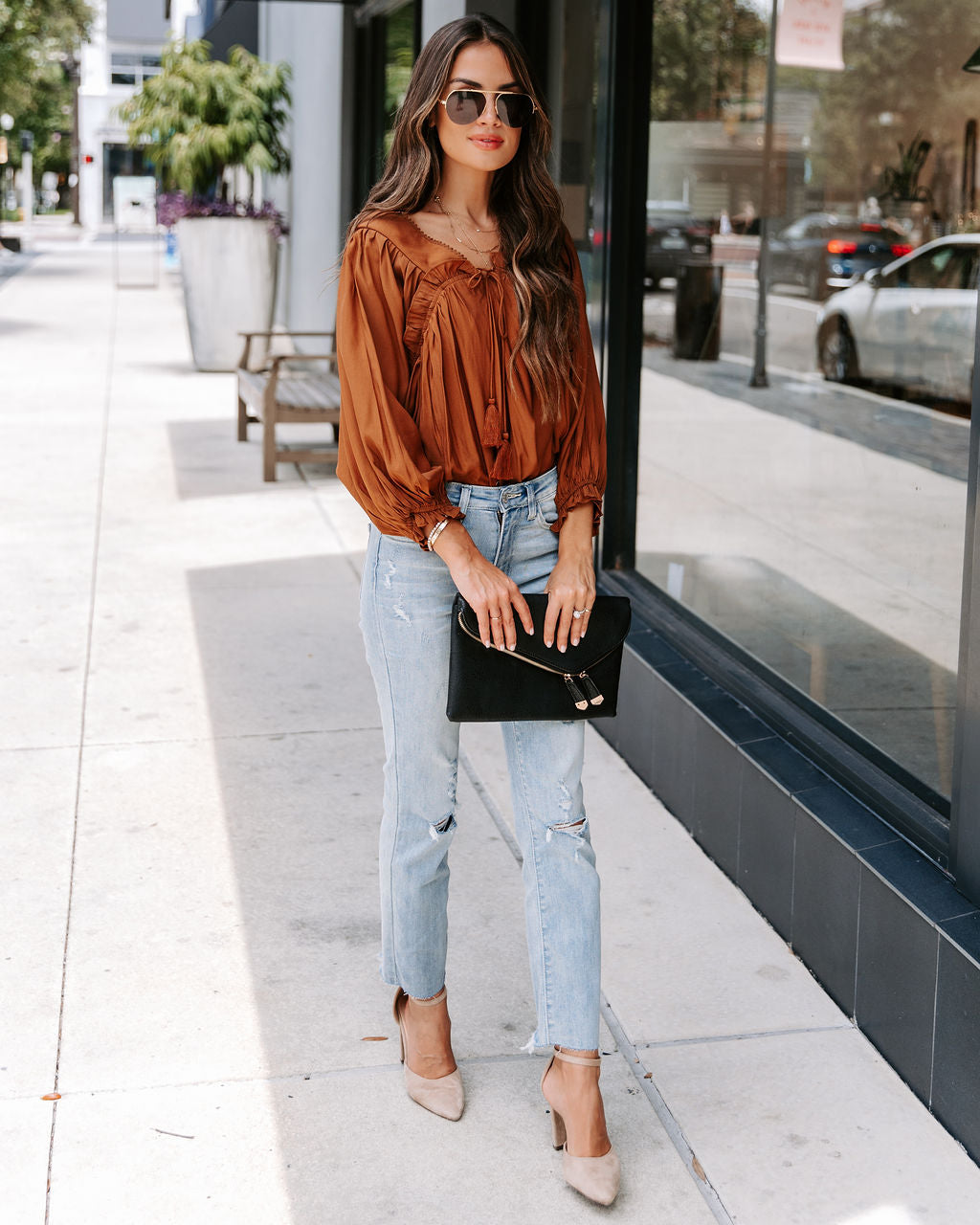 Arrow Ruffle Tassel Tie Top - Cinnamon - SALE