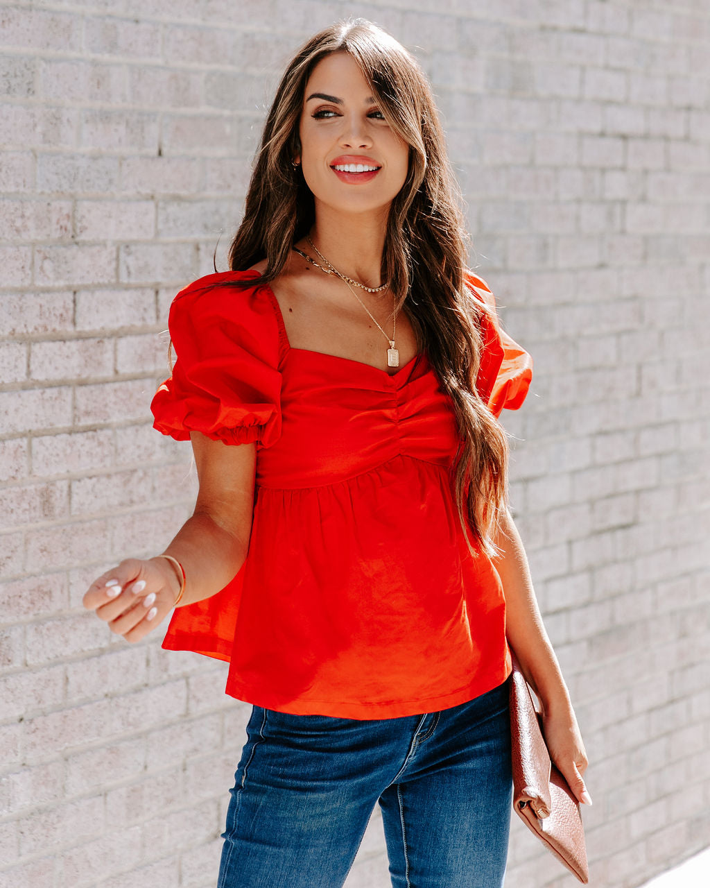 Carley Cotton Puff Sleeve Peplum Top - Red - SALE