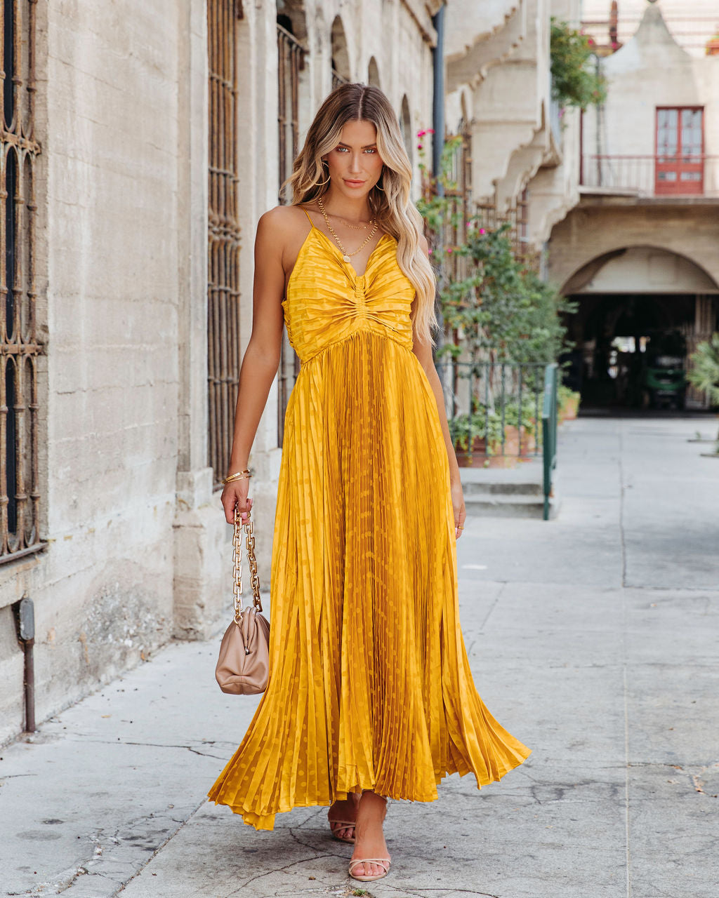 Marilynn Pleated Polka Dot Maxi Dress - Marigold - SALE