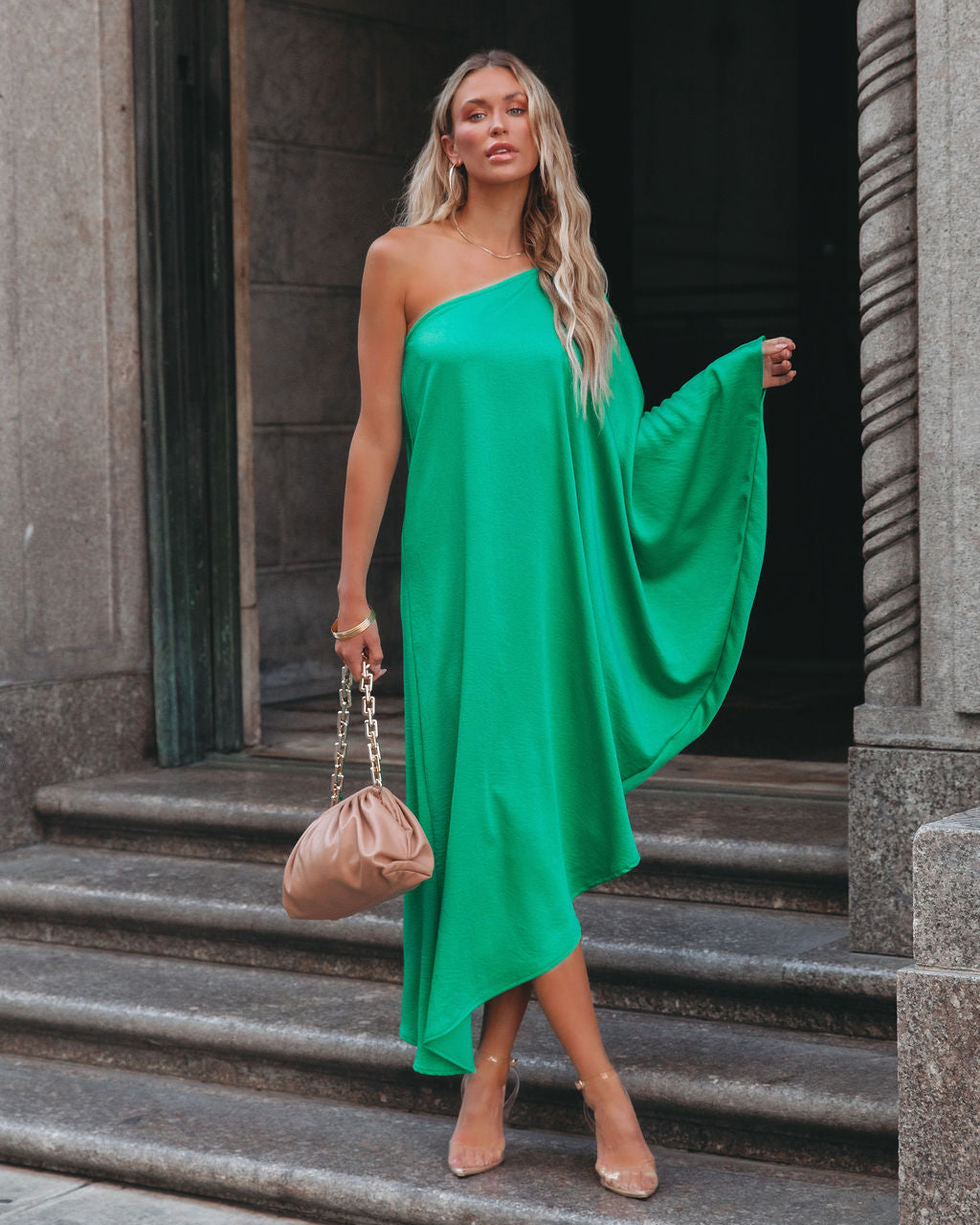 Goddess Of Beauty One Shoulder Satin Maxi Dress - Emerald