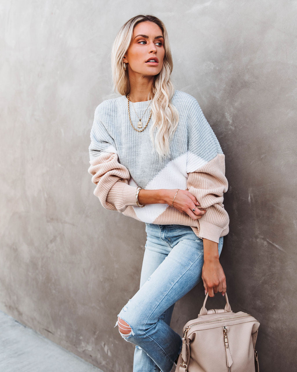 Give Love A Chance Chevron Sweater - Heather Grey/ Taupe