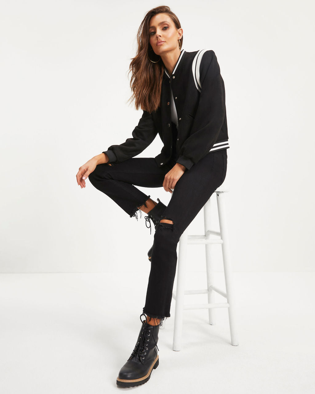 Cruz Pocketed Faux Suede Bomber Jacket - Black