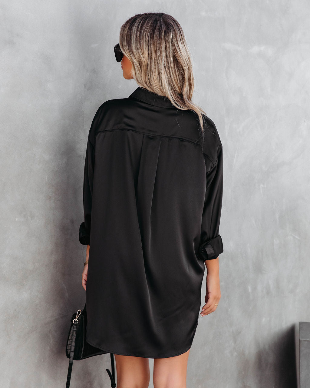 Cheers To Us Satin Button Down Shirt Dress - Black