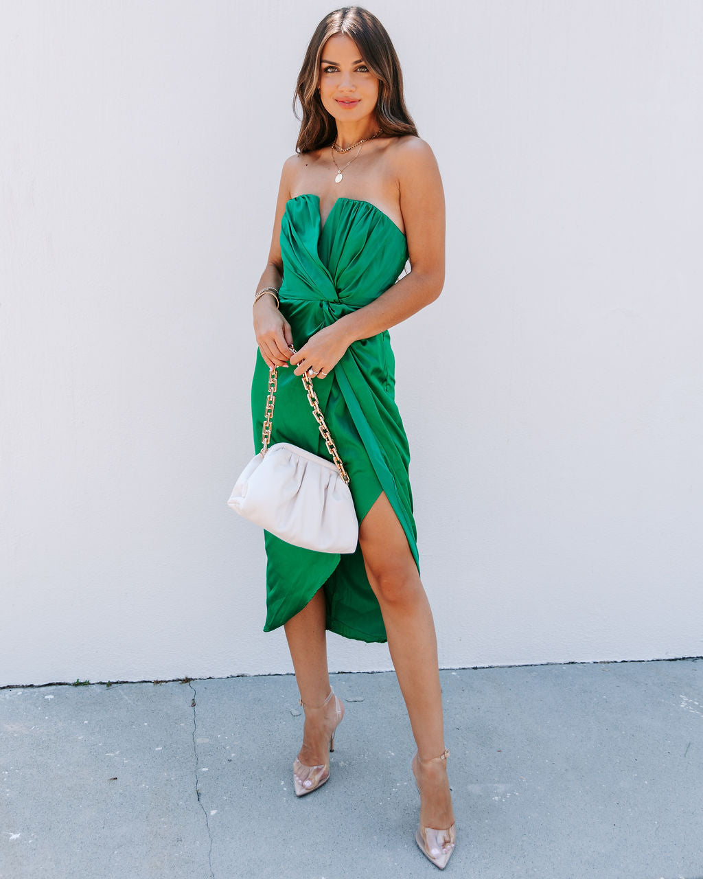 Classy And Fabulous Strapless Satin Midi Dress - Hunter Green - FINAL SALE