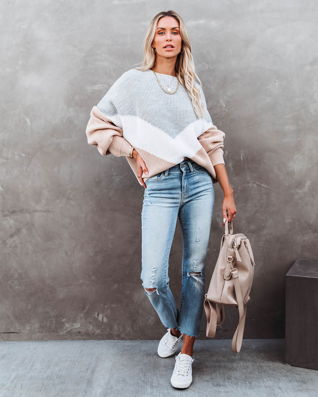 Give Love A Chance Chevron Sweater - Heather Grey/ Taupe