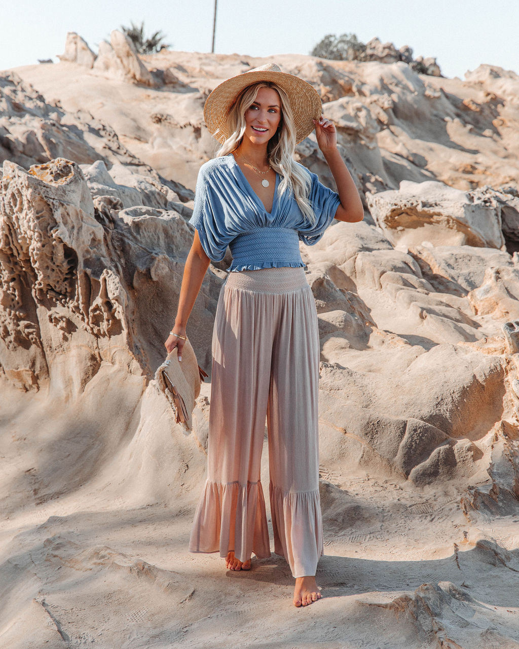 Janette Smocked Woven Crop Top - Stone Blue - FINAL SALE