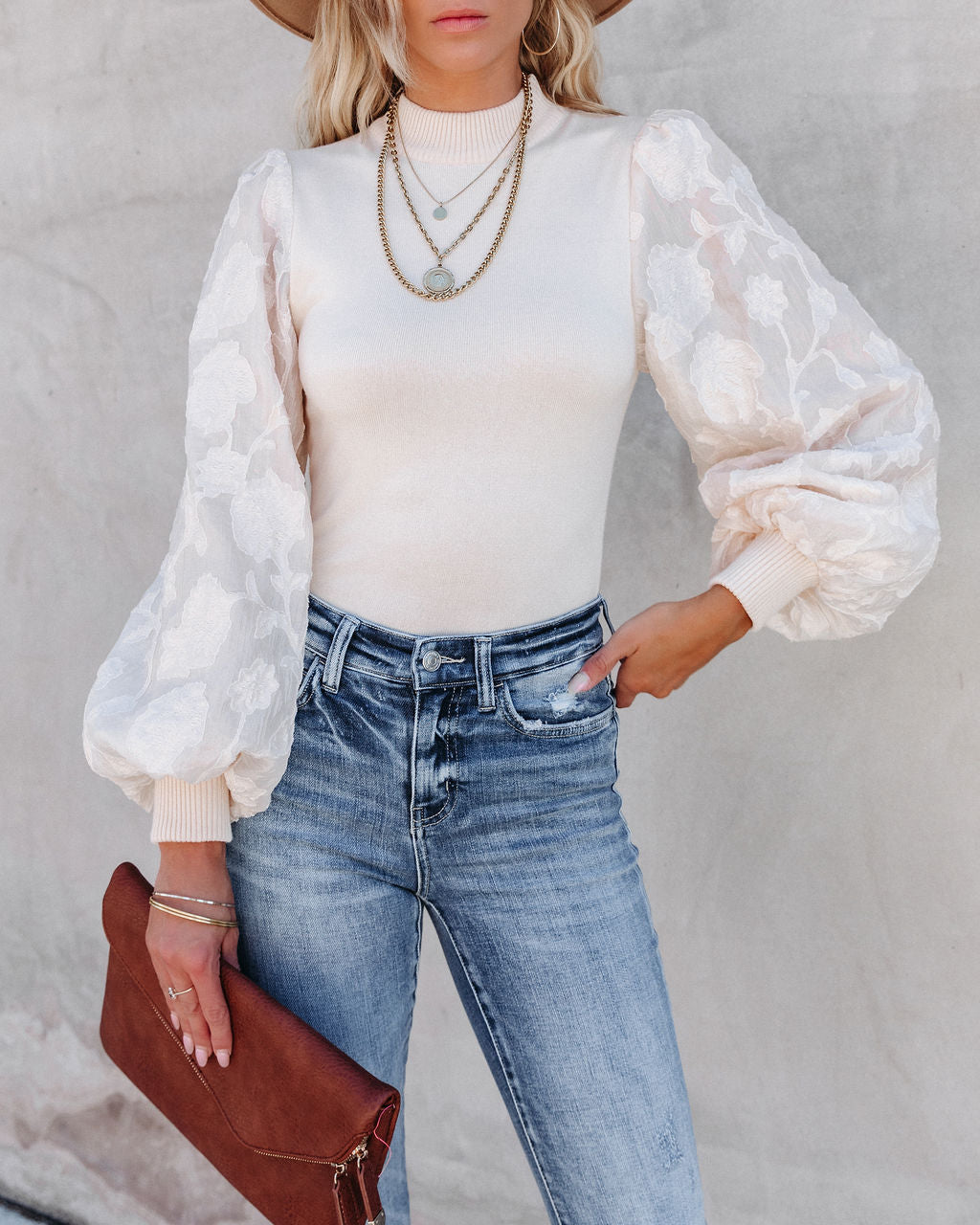 Antoinette Organza Knit Contrast Top - Cream - SALE