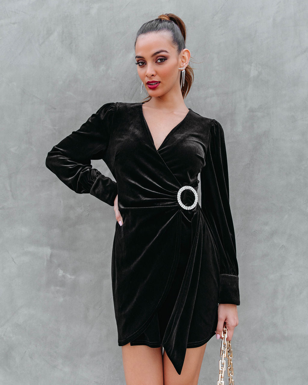 Million Dollar Baby Velvet Embellished Buckle Mini Dress - Black