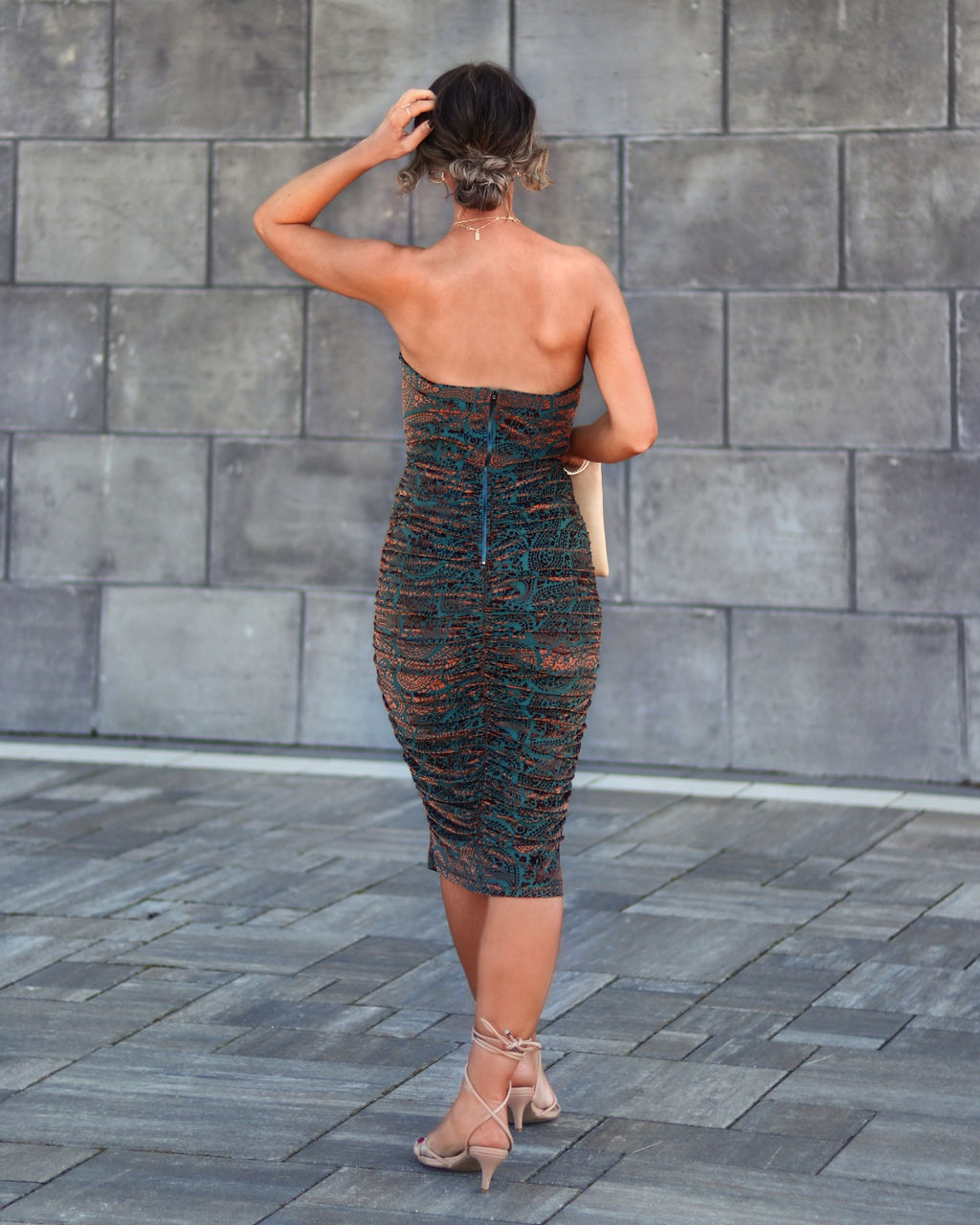 Amore Strapless Drape Burnout Velvet Midi Dress - Teal