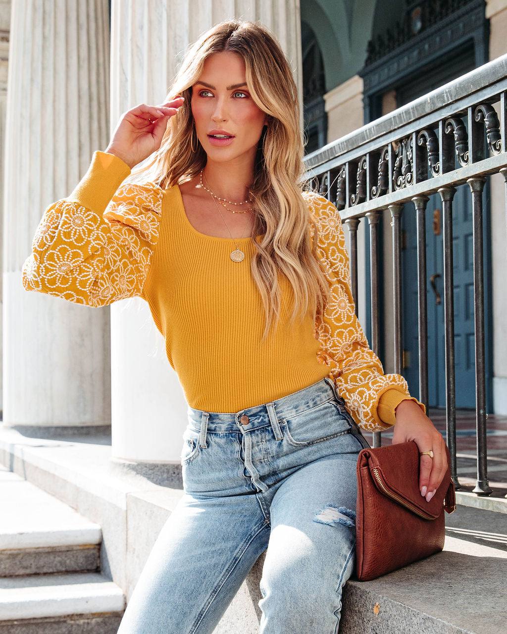 Sunshine Daisies Embroidered Knit Top - Mustard